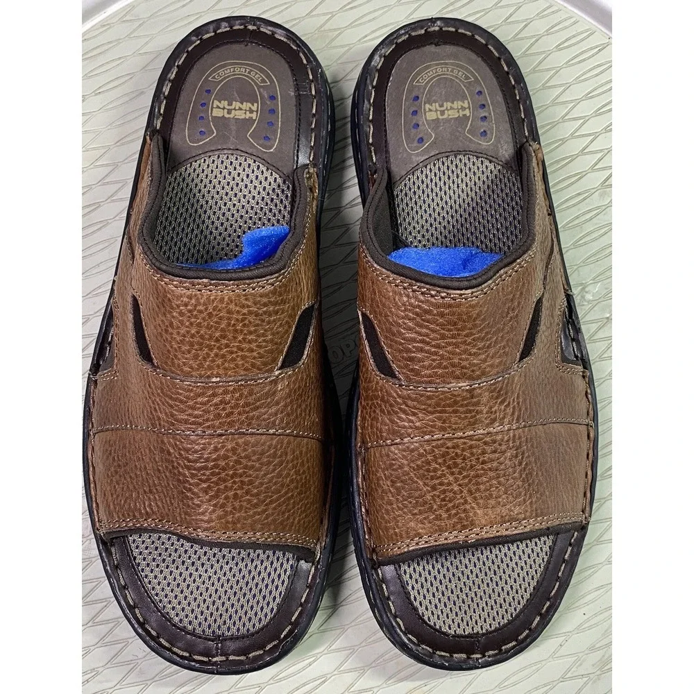 Nunn Bush Mens Genuine Leather‎ Brown Slip-on Open Toe Sandals Sz. 10 EUC